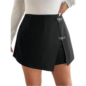 GORGLITTER Women's Plus Size Bow Asymmetrical Bodycon Mini Skorts Skirt High Waisted Split Wrap Business Casual Shorts