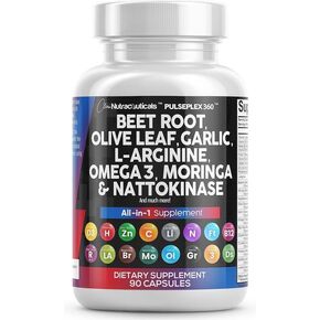 Clean Nutraceuticals Beet Root Capsules Olive Leaf Nattokinase Garlic Extract L-Arginine Omega 3 Red Yeast Rice Hibiscus Danshen - Healthy Support Supplement - 90 Ct