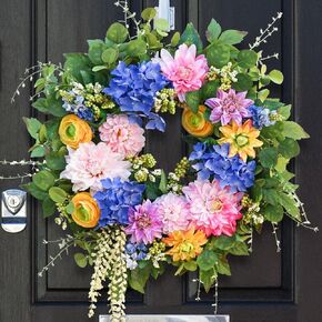 Summer Wreaths for Front Door 24 Inch Summer Wreath with Lifelike Pink Dahlia,Blue Hydrangea,Yellow Dew Lotus and Eucalyptus,Perfect Spring Door Wreath for Outside Door Wreaths for Spring and Summer
