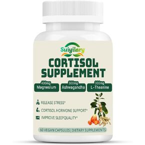 Cortisol Supplement for Women Men, Hormone Balance, Magnesium, Ashwagandha, Rhodiola, L-Theanine, Vitamin B6 & B12, Mood, Focus, Sleep Support, Vegan 60 Capsules