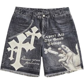 GORGLITTER Men's Y2k Graphic Retro Denim Shorts Jean Grunge Hip Hop Distressed Streetwear Straight Leg Jorts