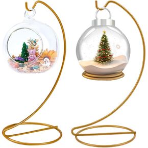 2pcs Ornament Display Stand Holder Glass Globe Golden Iron Wire Stand Hanging Hook Holder Rack for Christmas Bauble Lanterns Hanging Air Plant Terrarium Witch Ball Decor DIY Craft Display