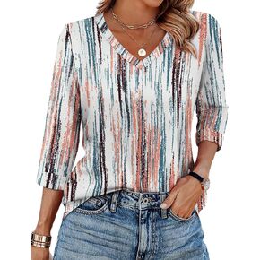 WIHOLL Womens Tops 3/4 Length Sleeve V Neck Casual Tunic Tops Basic Shirts Loose Fit Blouse