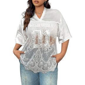 Women's Plus Size Letter Print Lace Sheer Jersey Shirt Half Sleeve V-Neck Oversized Lace Jersey Top