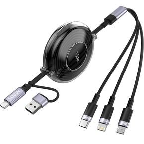 كابل شحن متعدد 100 وات، 2 كابل USB C Lightning، سلك شاحن iPhone متعدد قابل للسحب 4 في 1، شاحن هاتف USB للسيارة، كابل شحن سريع Lightning/Type C لهاتف iPhone 15/14/13، Samsung S24/S23