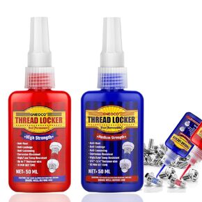 Thread Lock Blue and Red 50ml x 2, Threadlocker Medium and Strong Strength, Thread Locker for Nuts, Bolts, Fasteners and Metals, Anaerobic Curing Screw Glue to Prevent Loosening