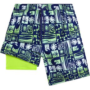 Boys Swim Trunks with Compression Liner Quick Dry Bathing Suit Swim Shorts (Sizes: 8-14), Size 16-18, Navy/Lime Surf