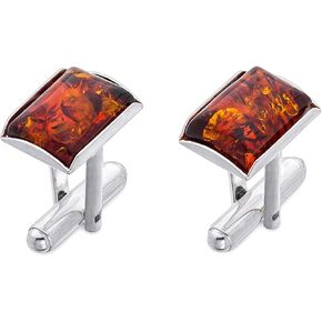 Men's Silver Cufflinks Maldives with Amber, Polished Sterling Silver, Rectangular Baltic Amber, Gift Set