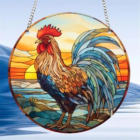 Rooster Sunrise Stained Window Hanging Indoor Outdoor Stained Suncatchers for Window Acrylic Panels Kitchen Bedroom Garden Wall Art Decoration Gifts for Women Mom Grandma Teacher