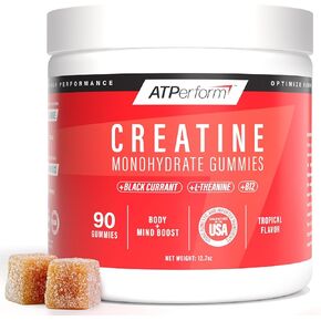 ATPerform Sugar-Free Creatine Monohydrate Gummies with Black Currant Extract, Vitamin B12 & L-Theanine for Pre-Workout, Post-Workout Recovery, Focus, Strength & Energy | Tropical, 90ct