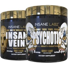 Insane Labz Psychotic Gold and Insane Veinz Gold Pre Workout Nitric Oxide Booster Stack, Increase Muscle Mass, Vascularity, Strength, Energy, Focus, Fruit Punch