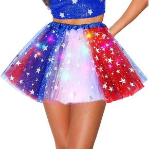 Twinklede Light Up Tulle Tutu Skirt متوهجة أبيض وأزرق أزياء للحفلات الوطنية الأزياء للنساء
