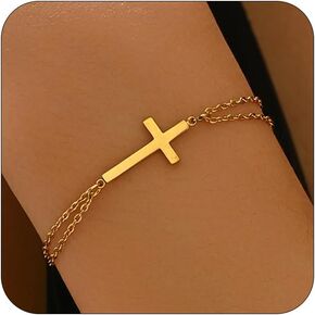 Cross Bracelet for Women 18K Gold Plated Dainty Pearl Beaded Cross Bracelets Adjustable Stainless Steel Trendy Wedding Bridesmaid Jewelry