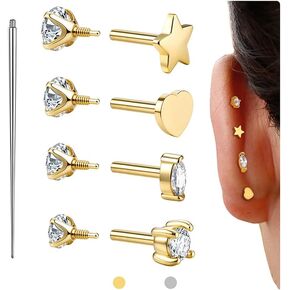 Reversible Flat Back Earrings Studs Hypoallergenic - 14K Gold Filled Surgical Steel Earring 18G Cartilage Helix Tragus Conch Piercing Jewelry Extended Internal Thread Earrings for Women Men