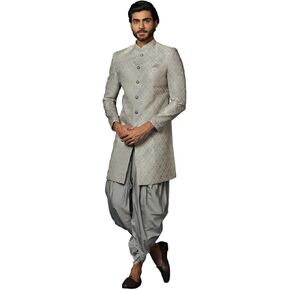 Men's Grey Jacquard Indowestern Sherwani & Dhoti Set – Regular Fit, Mandarin Collar | Indian Wedding & Festive Wear