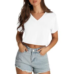 Womens Crop Tops Summer Baisc Tees V Neck T Shirts Casual Short Sleeve Cropped Top