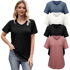 4 Pack Womens Short Sleeve V Neck T Shirts Basic Tee Casual Loose Fit Tops Flowy Curved Hem Outfits Clothes