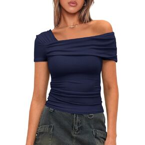 دارونغ الصيف الصيفي القصيرة واحدة من الكتف العلوي Ruched الخروج قمم قميص رفيعة