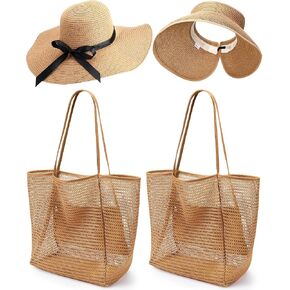 4 Pcs Beach Vacation Essentials 2 Pack Beach Mesh Tote Bag 2 Pack Sun Hat for Women Foldable Packable Floppy Wide Brim Sun Straw Hat UV Protection for Travel Pool Family Cruise Essentials