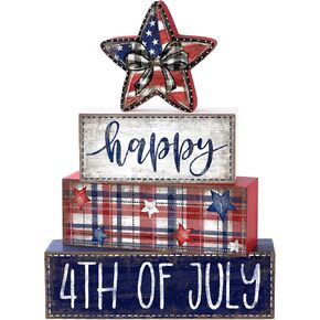 4Pcs Memorial Day Table Decor 4th of July Patriotic Wood Signs Independence Tiered Tray Decor America Red Blue Centerpieces Signs for Farmhouse Holiday Tabletop Home Party Decoration