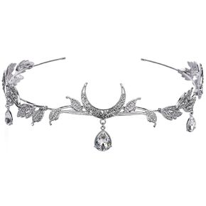 Fairy Crown Rhinestone Leaf Circlet - Silver Elf Crystal Crown Moon Pendant Headpiece, Greek Goddess Circlet Leaf Headwear for Women Renaissance Renfaire Halloween