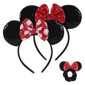 1 زوج الماوس آذان عقال مع هدايا Scrunchie 1pc للنساء ، وامناس ترتر ، عصابات القوس اللامعة ، إكسسوارات الشعر الأميرة لأزياء Cosplay وحفل عيد ميلاد وموضوع الجنة (Red-1)