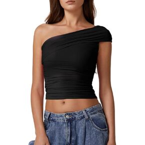 QINSEN Womens Sleeveless Foldover Top Double Lined One Shoulder T Shirts Summer Trendy Going Out Crop Tops