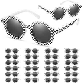 24 Pcs Race Car Checkered Sunglasses for Kids, Race Car Party Favors White Frame Black Checker Sunglasses Bulk for Race Theme Birthday Party