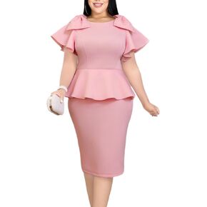 ONTINVA Women's Plus Size Pencil Dress Bowtie Beaded Ruffle Flared Sleeves Wedding Guest Dress Party Work Dresses