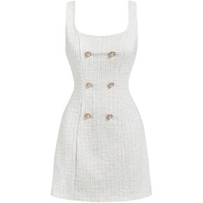 Floerns Women's Plaid Tweed Dress Sleeveless Square Neck Elegant Work Mini Dress
