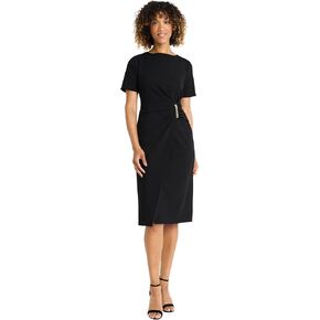 Maggy London Women's Short Sleeve Knee-Length Sheath Dress-Gathered Waist with Gold Chain Detail