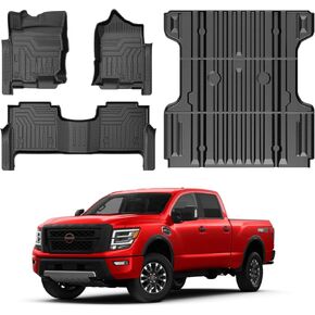 Mixsuper Floor Mats Bed Mat for 2020-2025 Nissan Titan, All Weather Truck Bed Liner and 2 Row Floor Liners Set Black