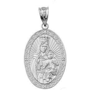 925 Sterling Silver Our Lady of Mount Carmel (Virgen Del Carmen) CZ-Accented Oval Pendant