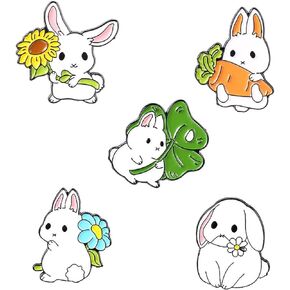 Rofarso Rabbit المينا صدر طية صفيرة مجموعة كرتون أرنب مع مختلف زهرة النبات ، الملحقات لحقائب الظهر القبعات القبعات (مجموعة 5piccs دبوس)