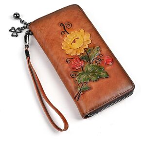 Leather Floral Wristlet Wallet for Women, Zipper, Handmade