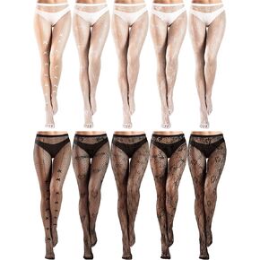 Ramede 10 Pairs Fishnet Thigh High Stockings for Women Goth Fish Nets Lace Mesh Tights High Waist Fishnet Leggings Pantyhose(Cute,Black, White)