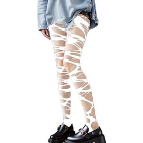 Mingnos Women's Ripped Tights Punk Goth Distressed Leggings Irregular Fishnet Stockings Y2K Ragged Pantyhose Hosiery
