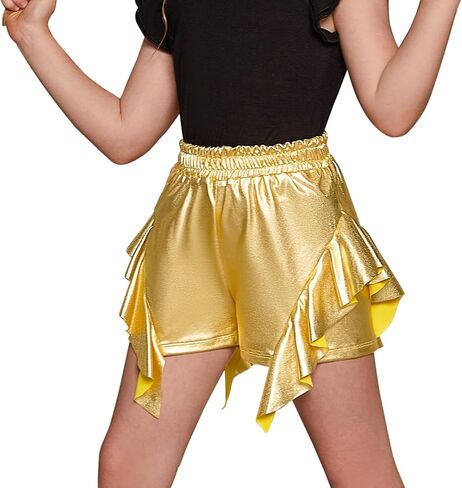 Girls Sequin Metallic Shorts Shiny Sparkle Ruffle Rave Short Elastic Waist Stretch Outfits for Dance Festival Pantss 6-13Y in Saudi Arabia