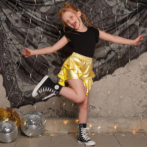 Girls Sequin Metallic Shorts Shiny Sparkle Ruffle Rave Short Elastic Waist Stretch Outfits for Dance Festival Pantss 6-13Y in Saudi Arabia