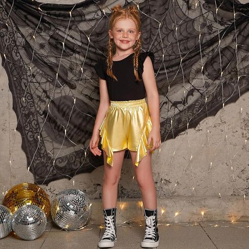 Girls Sequin Metallic Shorts Shiny Sparkle Ruffle Rave Short Elastic Waist Stretch Outfits for Dance Festival Pantss 6-13Y in Saudi Arabia