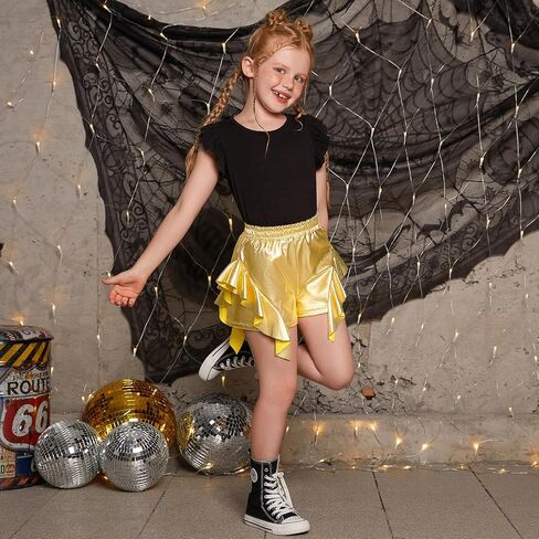 Girls Sequin Metallic Shorts Shiny Sparkle Ruffle Rave Short Elastic Waist Stretch Outfits for Dance Festival Pantss 6-13Y in Saudi Arabia