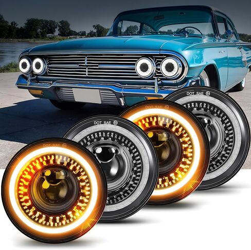 5-3/4 5.75 inch LED Headlight White Amber LED Halo Compatible with Challenger Gran Torino Oldsmobile Cutlass Plymouth Fury Muscle Cars Trucks Angel Eye Headlights, 4 Set in Kuwait