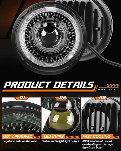 5-3/4 5.75 inch LED Headlight White Amber LED Halo Compatible with Challenger Gran Torino Oldsmobile Cutlass Plymouth Fury Muscle Cars Trucks Angel Eye Headlights, 4 Set in Kuwait