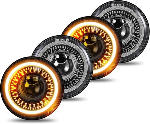 5-3/4 5.75 inch LED Headlight White Amber LED Halo Compatible with Challenger Gran Torino Oldsmobile Cutlass Plymouth Fury Muscle Cars Trucks Angel Eye Headlights, 4 Set in Kuwait