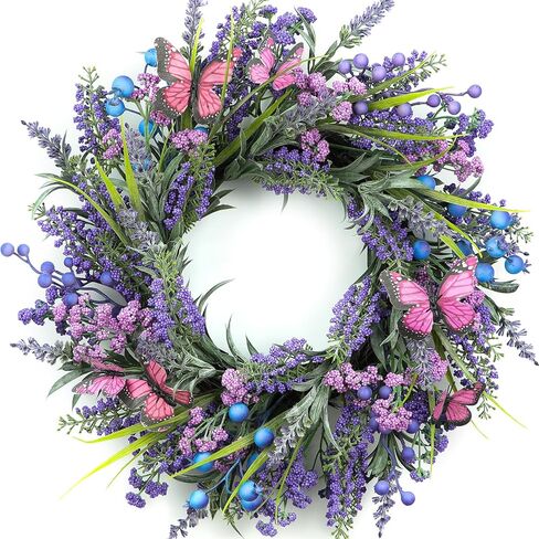 Lavender Wreaths for Front Door 24 Inch Spring Summer Wreath with Lavender,Berries, Butterflies,for Year-Round Use Indoors and Outdoors as Wall, Door, Window, Party and Wedding Decorations in Saudi Arabia