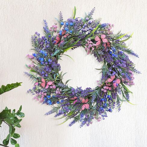 Lavender Wreaths for Front Door 24 Inch Spring Summer Wreath with Lavender,Berries, Butterflies,for Year-Round Use Indoors and Outdoors as Wall, Door, Window, Party and Wedding Decorations in Saudi Arabia