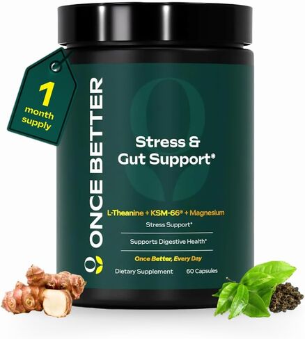 Once Better™️ Stress & Gut Support Supplement – Ashwagandha KSM-66®, L-Theanine, Magnesium Glycinate, Probiotics & Inulin for Digestive Health & Stress Relief – 60 Capsules - Men & Women in Kuwait