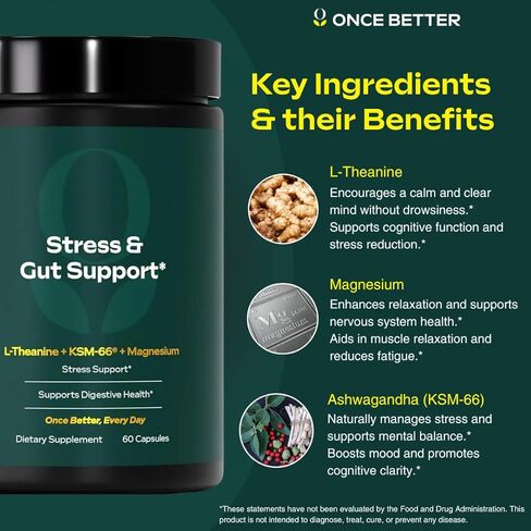Once Better™️ Stress & Gut Support Supplement – Ashwagandha KSM-66®, L-Theanine, Magnesium Glycinate, Probiotics & Inulin for Digestive Health & Stress Relief – 60 Capsules - Men & Women in Kuwait