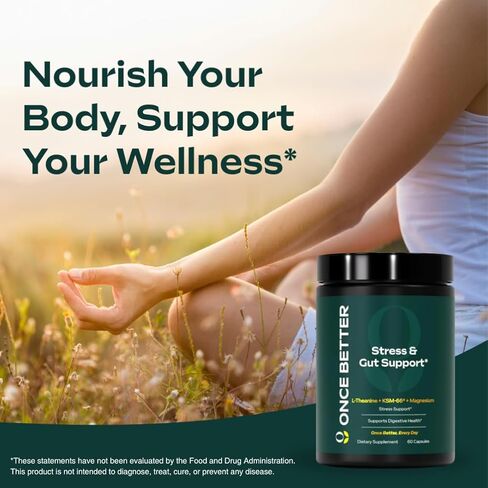 Once Better™️ Stress & Gut Support Supplement – Ashwagandha KSM-66®, L-Theanine, Magnesium Glycinate, Probiotics & Inulin for Digestive Health & Stress Relief – 60 Capsules - Men & Women in Kuwait