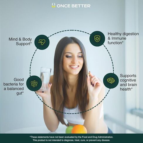 Once Better™️ Stress & Gut Support Supplement – Ashwagandha KSM-66®, L-Theanine, Magnesium Glycinate, Probiotics & Inulin for Digestive Health & Stress Relief – 60 Capsules - Men & Women in Kuwait